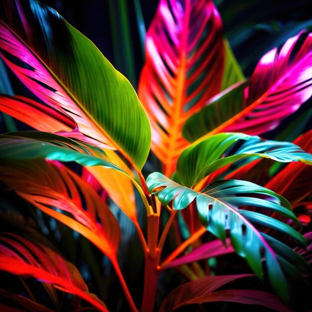 Tropical leaves in bright neon color with black background abstract texture wallpaper