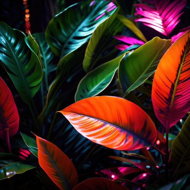 Tropical leaves in bright neon color with black background abstract texture wallpaper