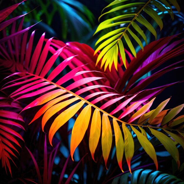 Tropical leaves in bright neon color with black background abstract texture wallpaper