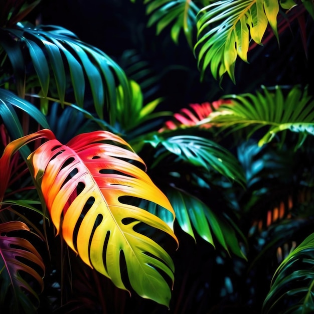Foto foglie tropicali di colore neon brillante con sfondo nero carta da parati a consistenza astratta