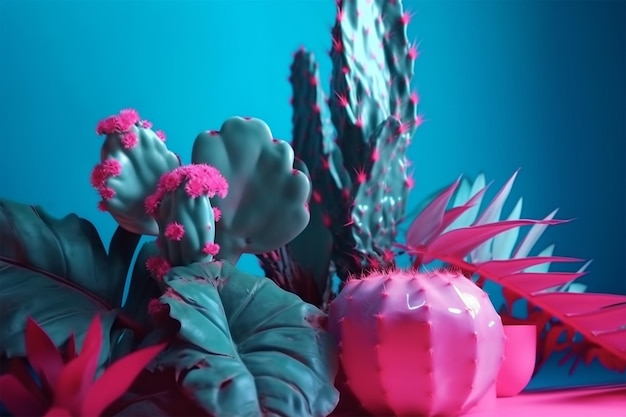 Photo tropical leaves and cactus in bright creative