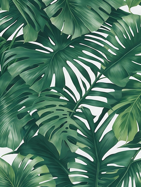 Tropical leaves color seamless pattern jungle plants on white background