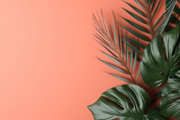 Tropical leaves on a coral background