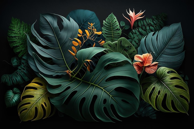 Tropical leaves dark background