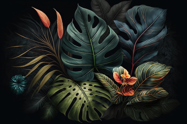 Tropical leaves dark background