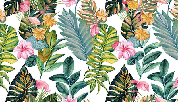 Tropical leaves and flower handdrawn seamless background