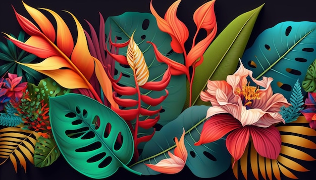 Tropical Leaves and Flowers. AI generative.