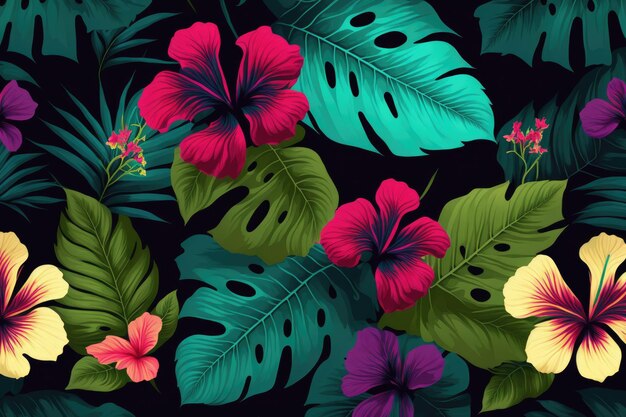 Tropical leaves and flowers on a black background Generative AI