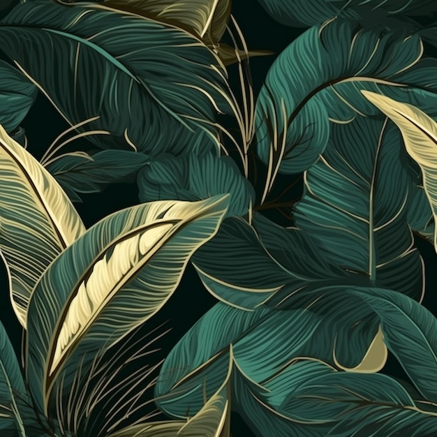 Tropical leaves and flowers on a black background. seamless pattern. vector illustration.