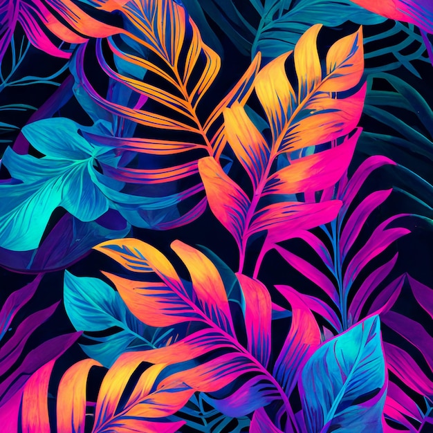 Tropical leaves and flowers on a black background.