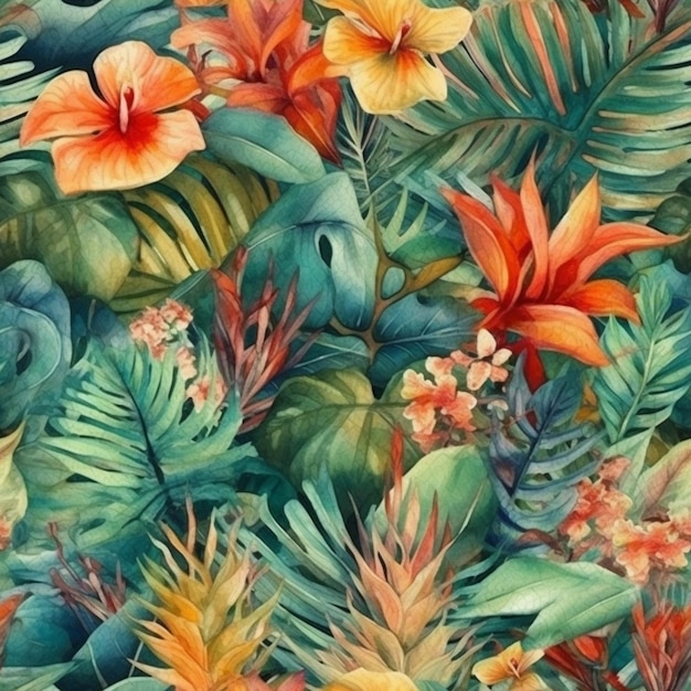 Tropical leaves and flowers on a colorful background.