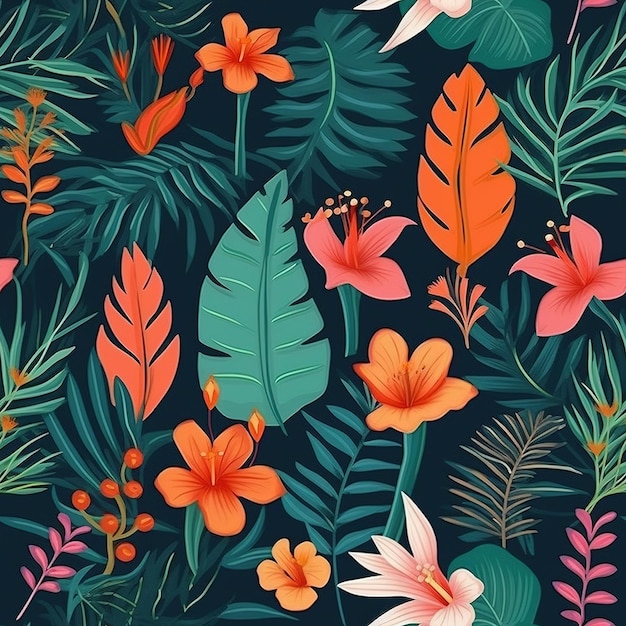 Tropical leaves and flowers on a dark background