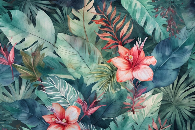 Tropical leaves and flowers on a green background.