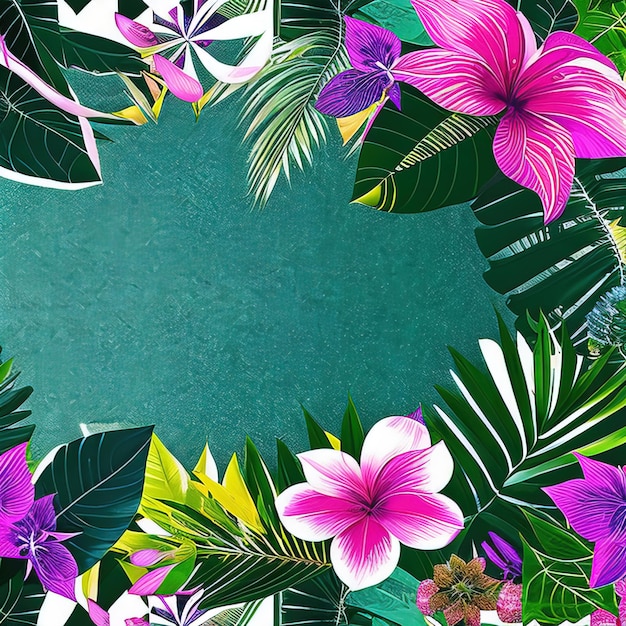 tropical leaves flowers and monstera flat lay