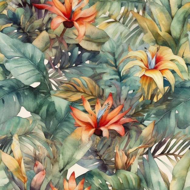 Tropical leaves and flowers on a white background. watercolor.