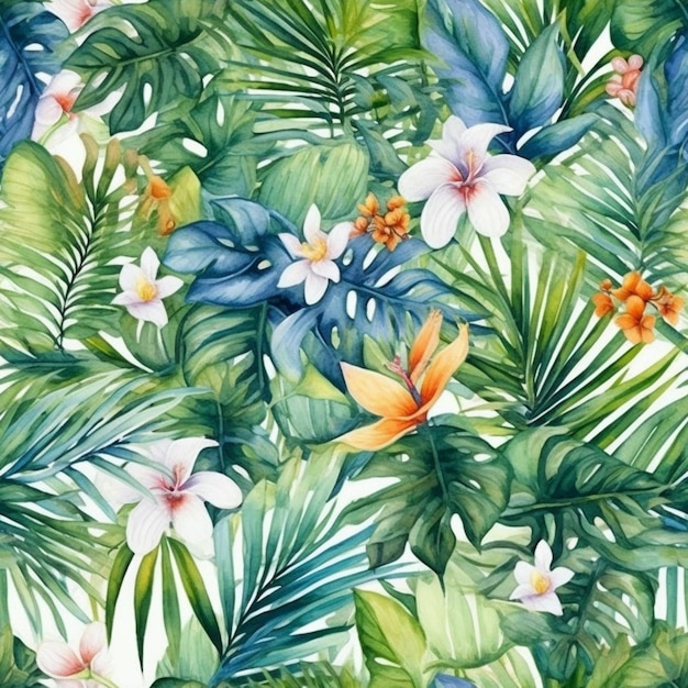 Tropical leaves and flowers on a white background.