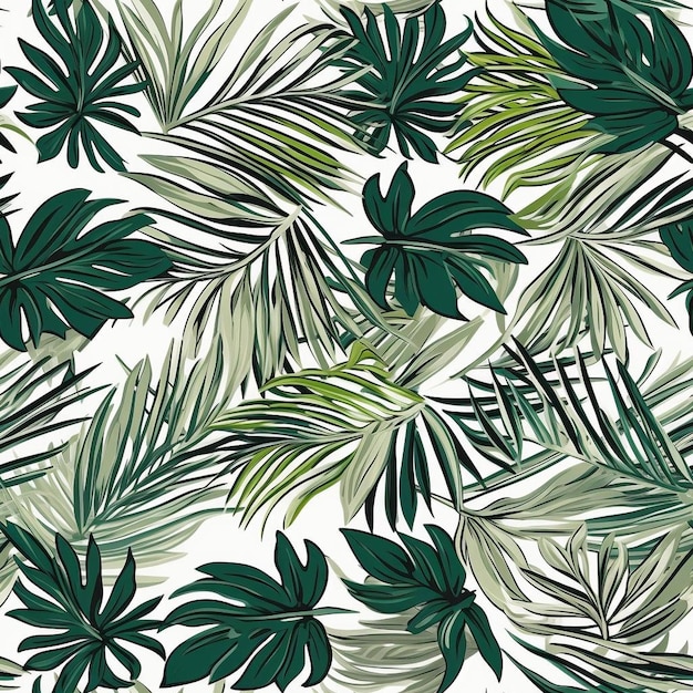 Tropical leaves and flowers with green leaves on a white background.