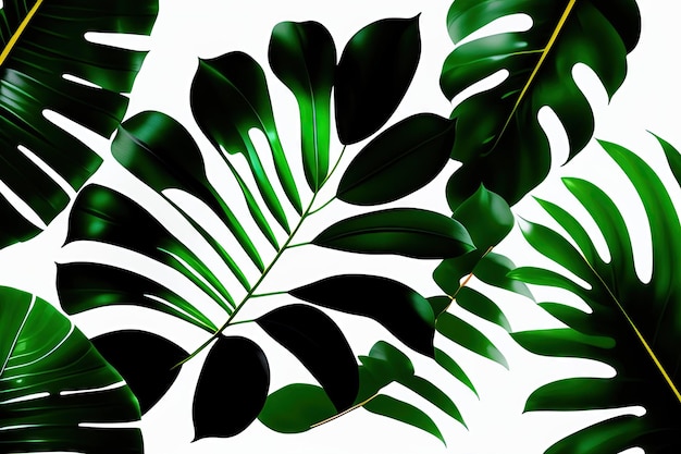 熱帯の葉、ジャングルの植物、ブッシュ、自然の背景、黒い背景に白いフレーム