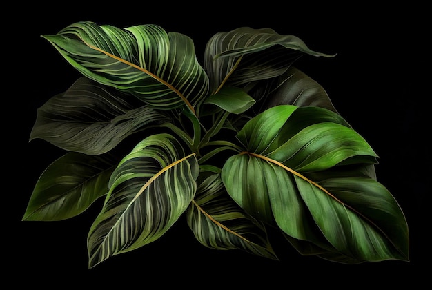 Tropical leaves foliage plant bush floral arrangemen on black background created with generative AI