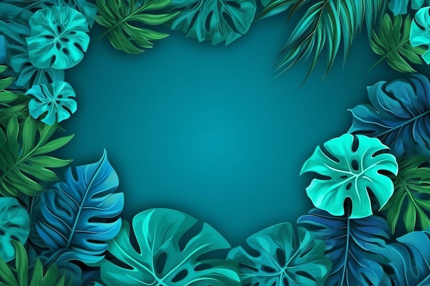 Photo tropical leaves frame on a blue background.