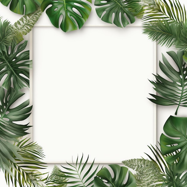 Photo tropical leaves frame border empty page white background