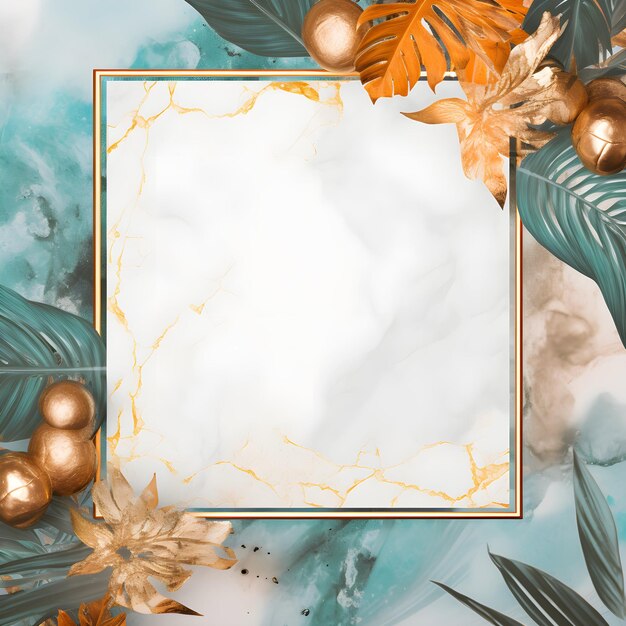 Tropical leaves frame with white marble background with flowers for invitation and wedding