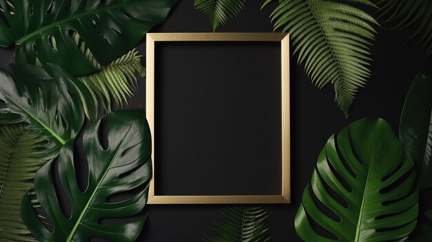 Tropical leaves golden frame illustration of generated ai tropical leaves golden frame