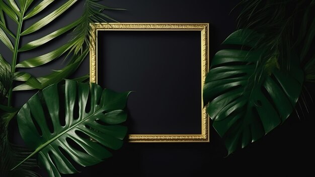 Tropical leaves golden frame illustration of generated ai tropical leaves golden frame