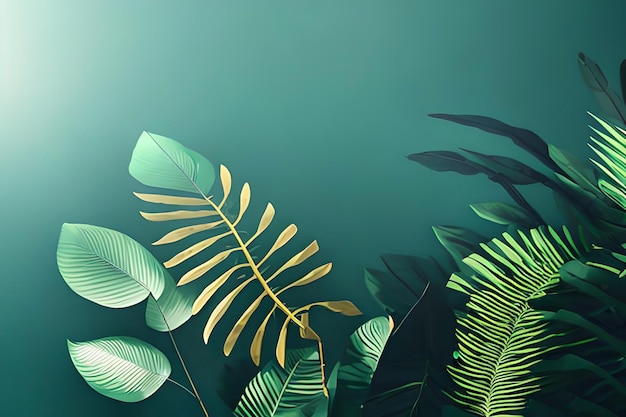 Tropical leaves on a green background