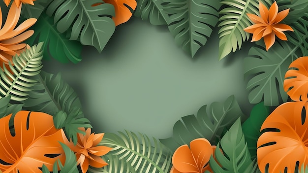 Tropical leaves on a green background