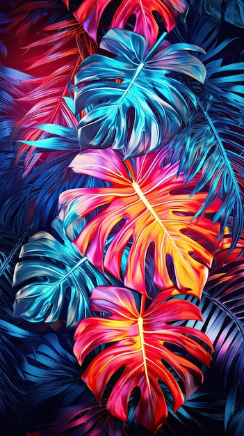 tropical leaves greenery with colorful leaves over black background