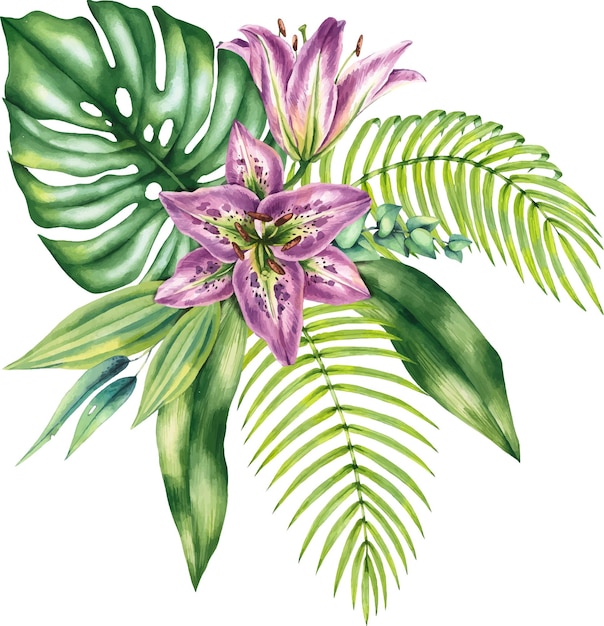 Tropical leaves and lilies bouquet isolated