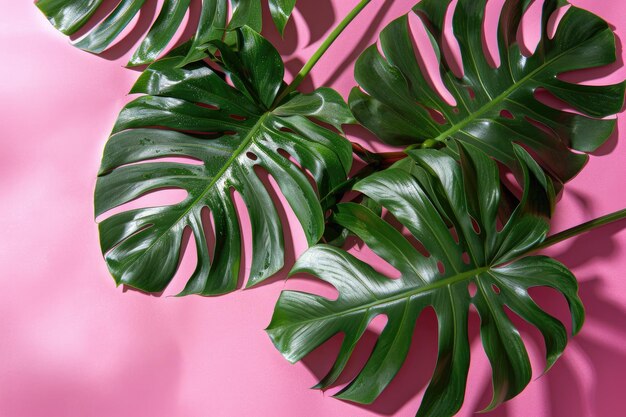 Foto foglie tropicali monstera su sfondo rosa vista superiore piatta