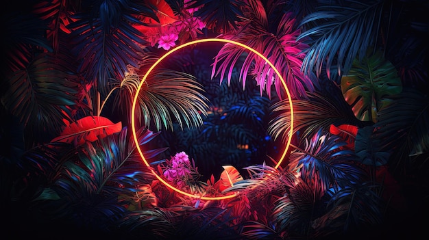 Tropical leaves neon colorful light AI generation