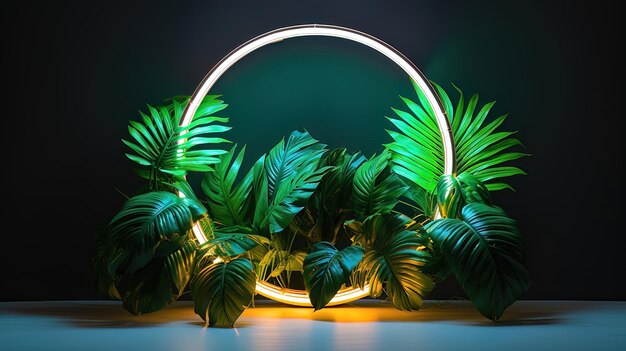 Tropical leaves neon colorful light AI generation