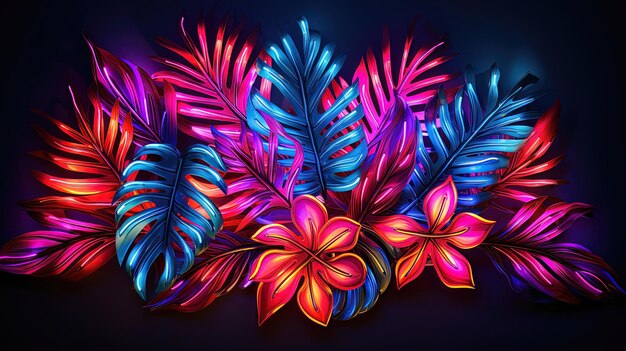 Tropical leaves neon colorful light AI generation