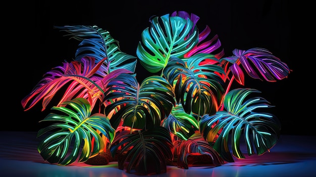 Tropical leaves neon colorful light AI generation