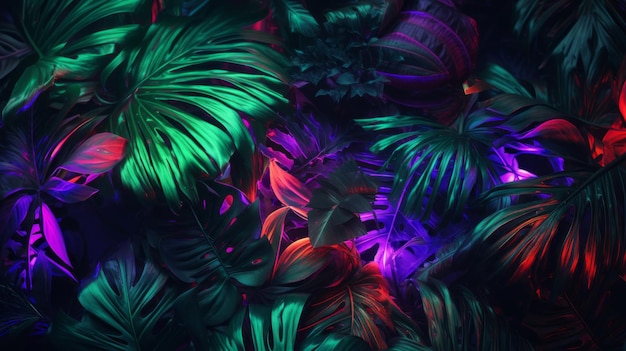 Tropical leaves and neon lights layout Generative AI