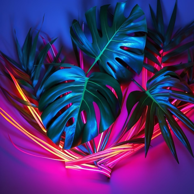 Tropical leaves and neon lights layout Generative AI