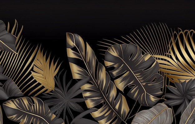 Tropical leaves and palm leaves on a black background.