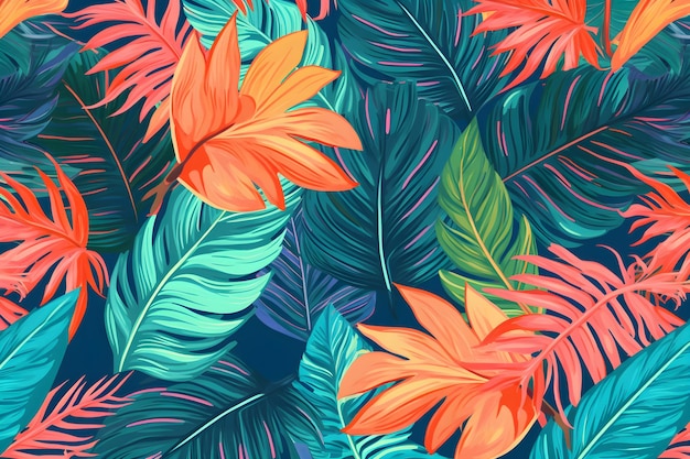 Tropical leaves pattern on a blue background.