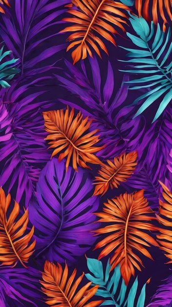 A tropical leaves pattern bursting with purple and orange shades beautifully generated by ai