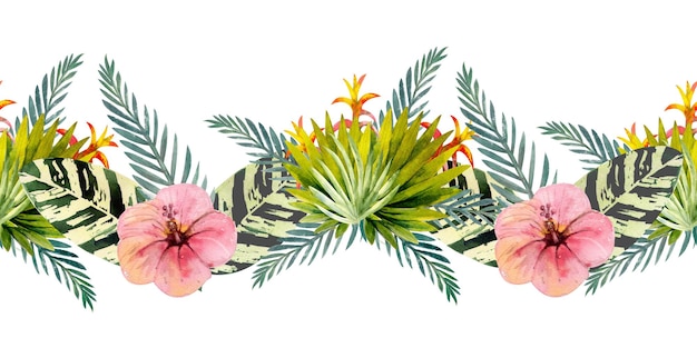 열대 잎. 여름 가로 테두리의 반복입니다. 꽃 수채화. 인사말 카드 또는 초대장 디자인을 위한 수채화 구성. 삽화