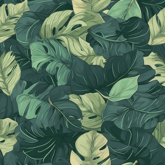 Tropical leaves seamless pattern created with generative AI