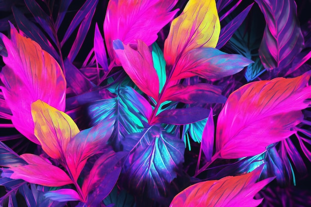 Tropical leaves seamless pattern in neon colors Exotic background