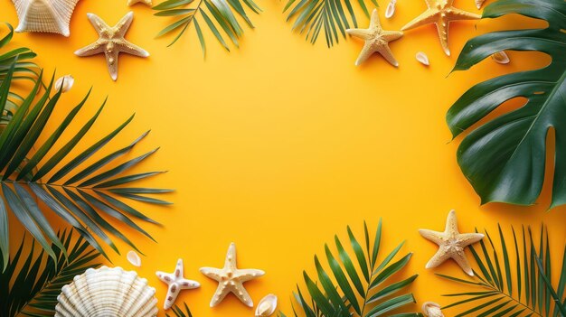 Tropical leaves and seashells on a bright yellow background