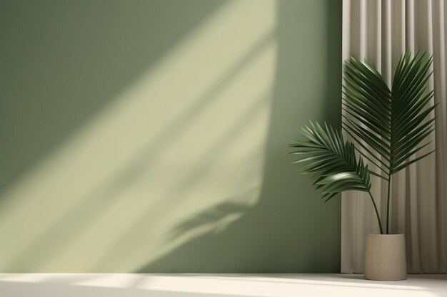 Tropical leaves and shadow from striped window curtains on the wall for product photography