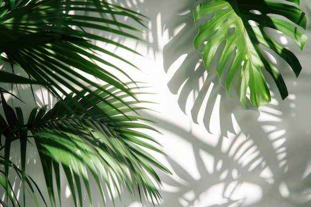 Tropical leaves shadow overlay on white background for product presentation