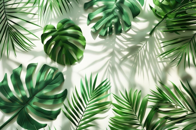 Foto sovrapposizione di ombre di foglie tropicali su sfondo bianco per la presentazione del prodotto
