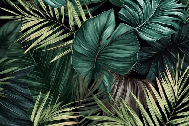 Tropical leaves wallpaper that is green and black